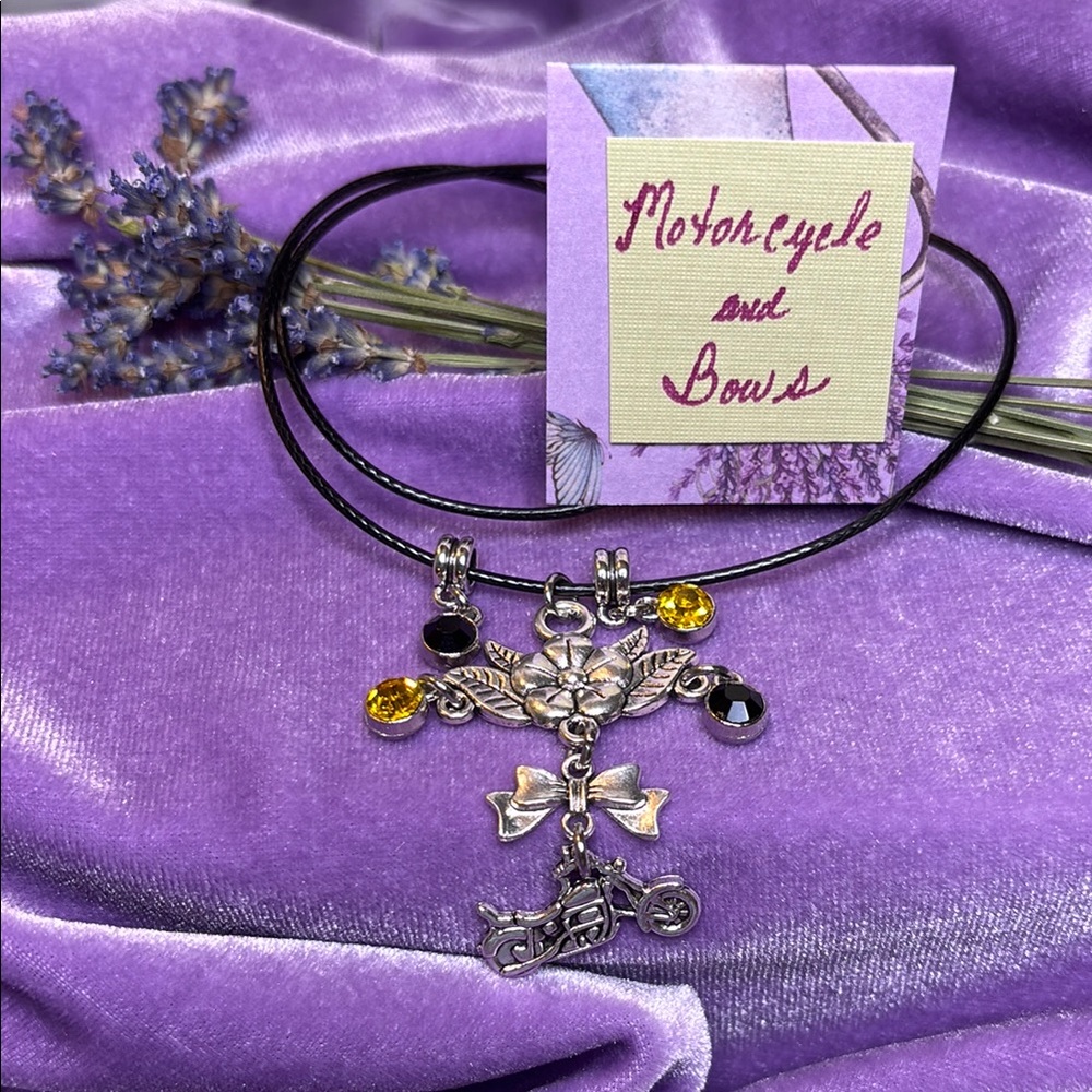 “Motorcycle & Bows” Silver and Gold Necklace - Citrine & Black gem highlights.